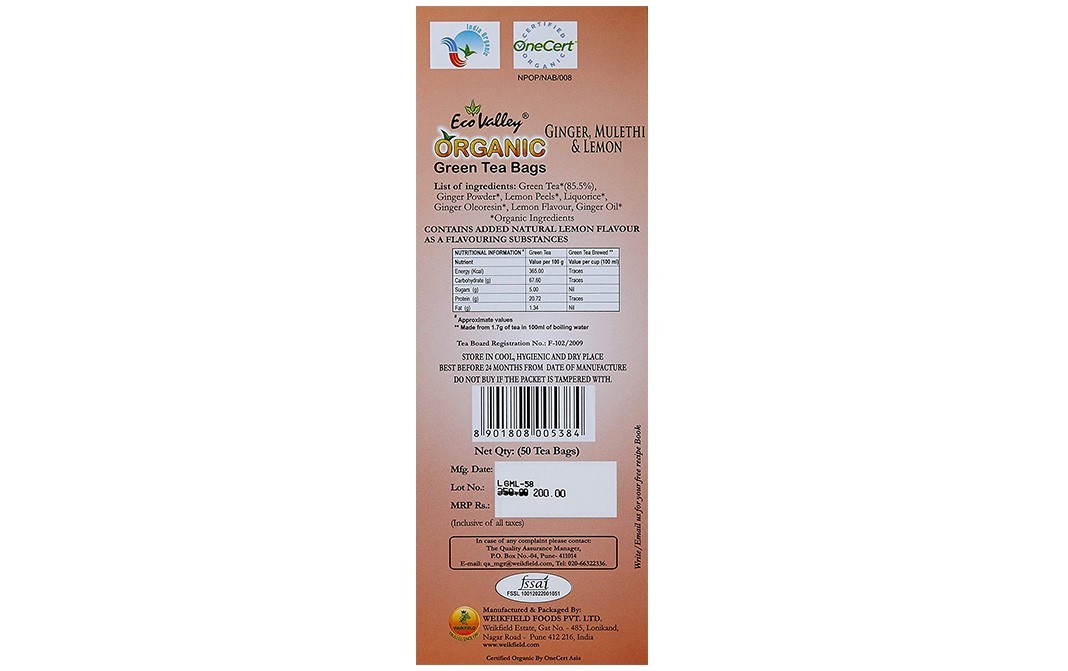 Eco Valley Ginger, Mulethi & Lemon Organic Green Tea Bags   Box  50 pcs
